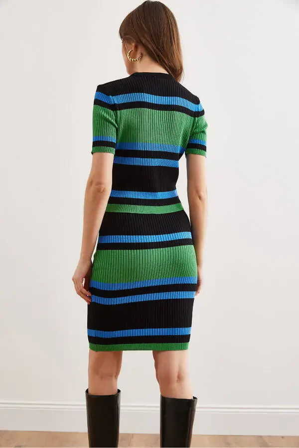 Women's Mint Black Striped Mini Skirt Knitwear Set - 6