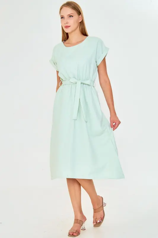 Women's Mint Elastic Waist Tie Dress ARM-18Y001133-Mint - ARMONIKA