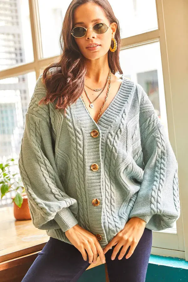 Women's Mint Green 5 Button Cable Knit Oversize Long Cardigan HRK-19000169 - 2