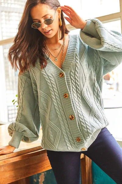 Women's Mint Green 5 Button Cable Knit Oversize Long Cardigan HRK-19000169 - 4