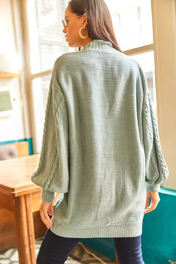 Women's Mint Green 5 Button Cable Knit Oversize Long Cardigan HRK-19000169 - 5