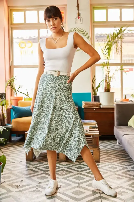 Women's Mint Green Asymmetric Patterned Skirt ETK-19000 - 5