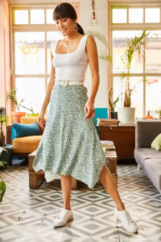 Women's Mint Green Asymmetric Patterned Skirt ETK-19000 - 6