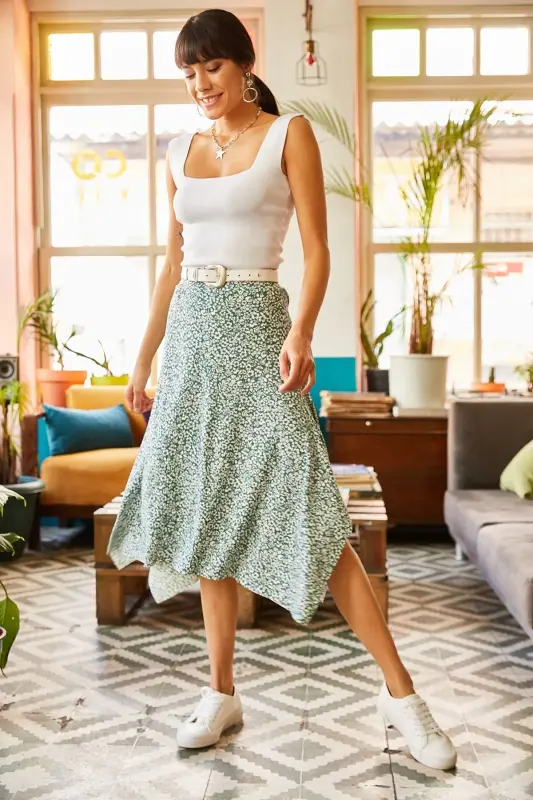 Women's Mint Green Asymmetric Patterned Skirt ETK-19000 - 6