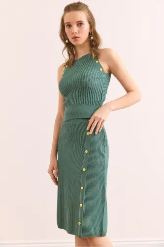 Women's Mint Green Button Detailed Knit Set - 3