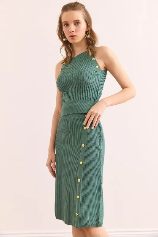 Women's Mint Green Button Detailed Knit Set - 3