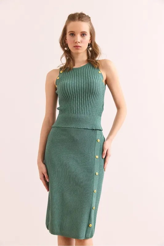 Women's Mint Green Button Detailed Knit Set - 4