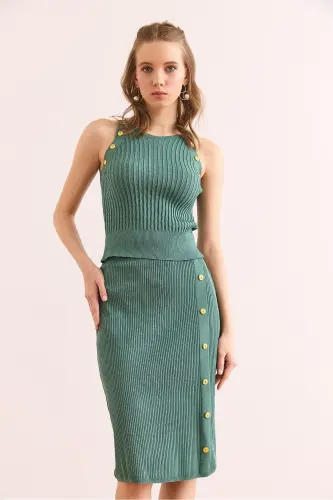 Women's Mint Green Button Detailed Knit Set - 5