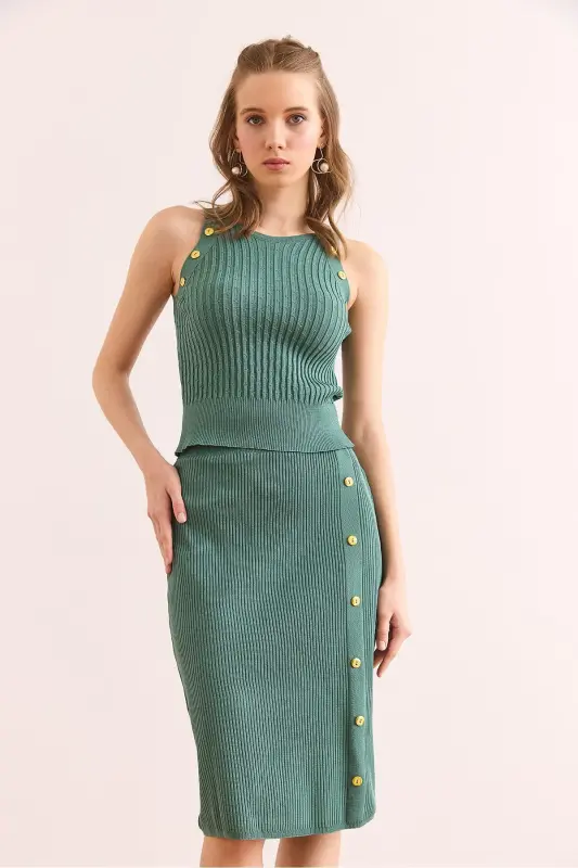 Women's Mint Green Button Detailed Knit Set - 5