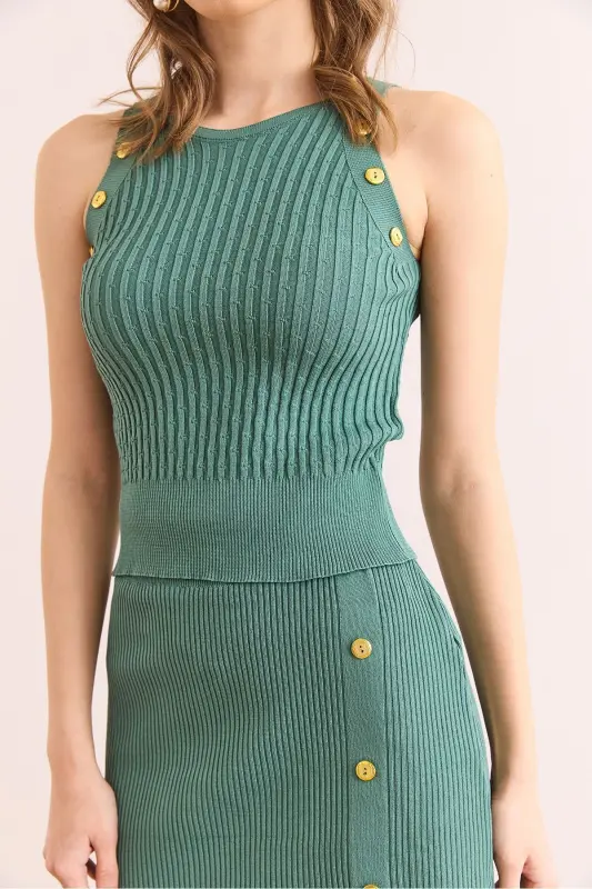 Women's Mint Green Button Detailed Knit Set - 6