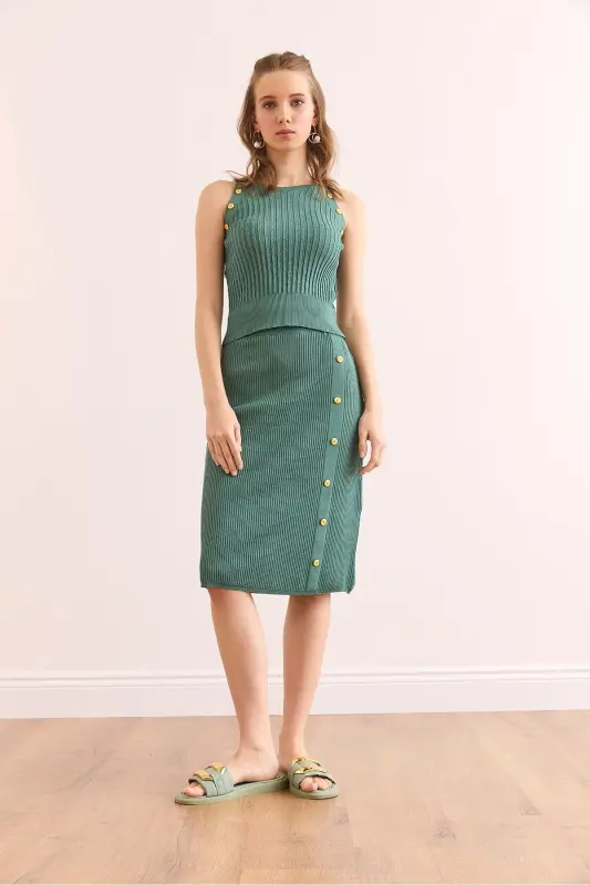 Women's Mint Green Button Detailed Knit Set - 2