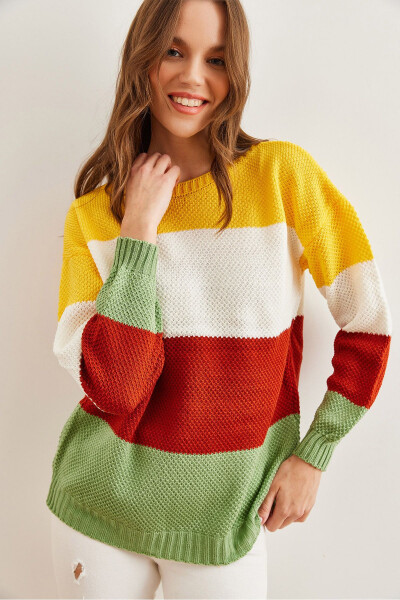 Women's Mint Green Color Block Thin Knit Pullover KZK-19000814 - OLALOOK