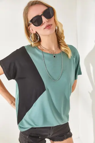 Women's Mint Green Color Blocked Batwing Knit Viscose B - 4