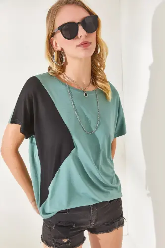 Women's Mint Green Color Blocked Batwing Knit Viscose B - 5