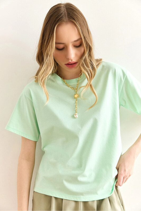 Women's Mint Green Crew Neck Basic T-Shirt TSH-1 - 1