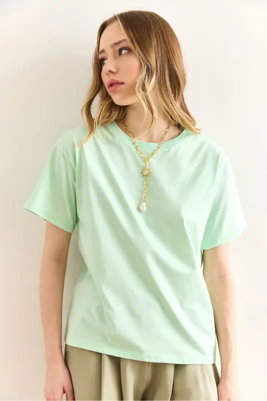 Women's Mint Green Crew Neck Basic T-Shirt TSH-1 - 2
