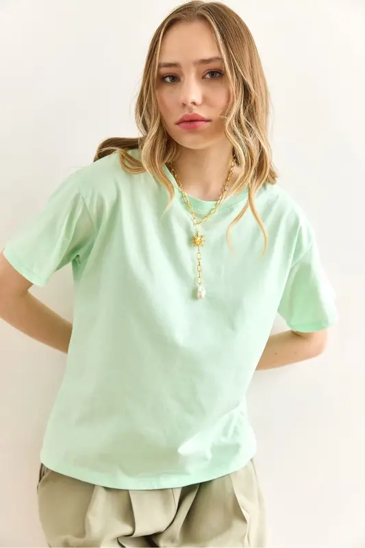 Women's Mint Green Crew Neck Basic T-Shirt TSH-1 - 3