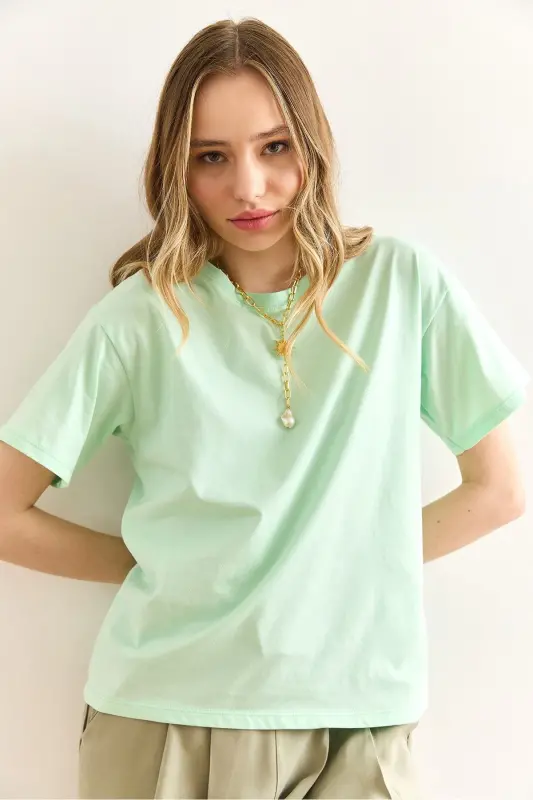 Women's Mint Green Crew Neck Basic T-Shirt TSH-1 - 4
