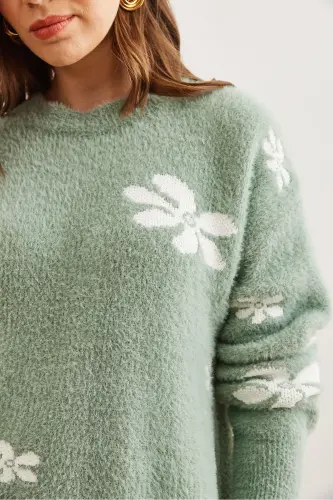 Women's Mint Green Floral Pattern Soft Textured Knitted Sweater KZK-19000900 - 7