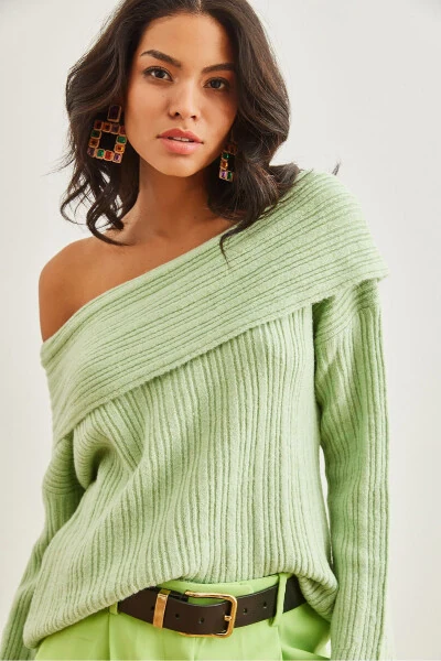 Women's Mint Green Madonna Neck Soft Textured Knitted Sweater KZK-19000708 - Modazone (1)