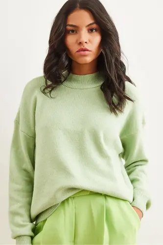 Women's Mint Green Mock Neck Oversized Knit Sweater KZK-19000875 - 3