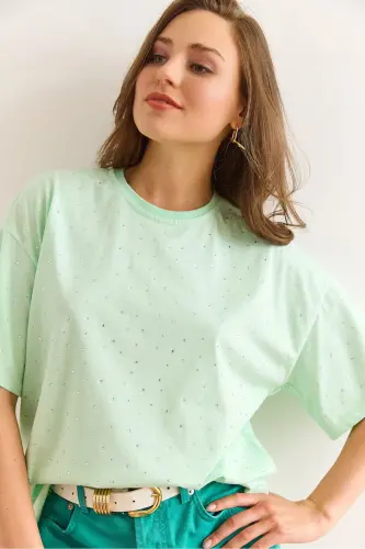 Women's Mint Green Print Stone Detailed Regular Fit Tee 