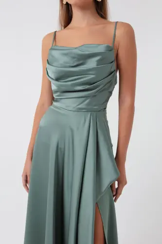 Women's Mint Green Ruffled Slit Satin Evening & Graduation Dress - Mint Green - 4