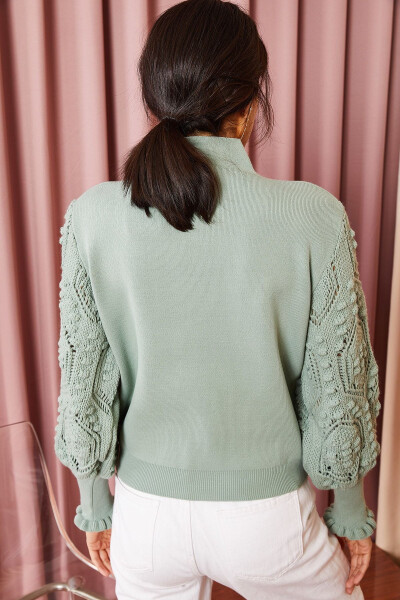 Women's Mint Green Sleeve Detail Soft Textured Knit Sweater - 5