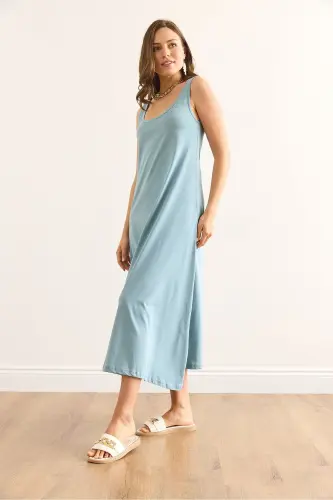 Women's Mint Green Spaghetti Strap Midi Cotton Flare Dress ELB - 2