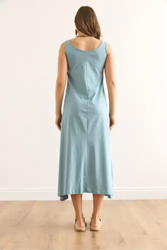 Women's Mint Green Spaghetti Strap Midi Cotton Flare Dress ELB - 6