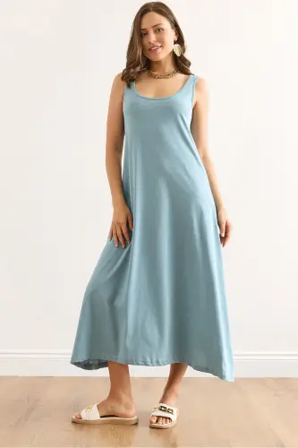 Women's Mint Green Spaghetti Strap Midi Cotton Flare Dress ELB - 2