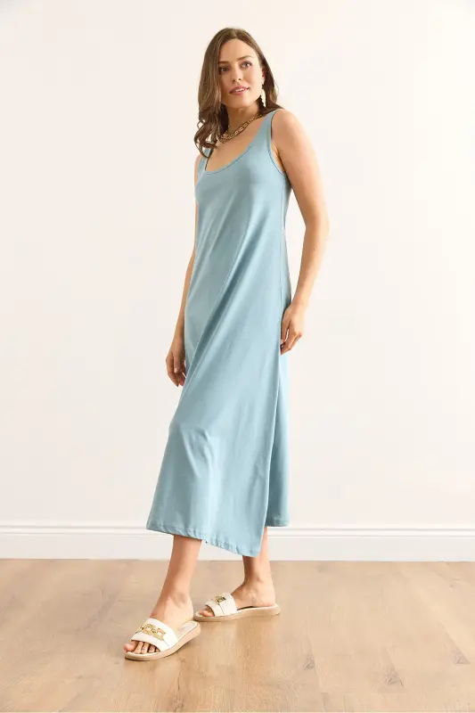 Women's Mint Green Spaghetti Strap Midi Cotton Flare Dress ELB - 3