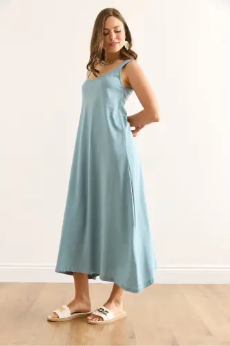 Women's Mint Green Spaghetti Strap Midi Cotton Flare Dress ELB - 4