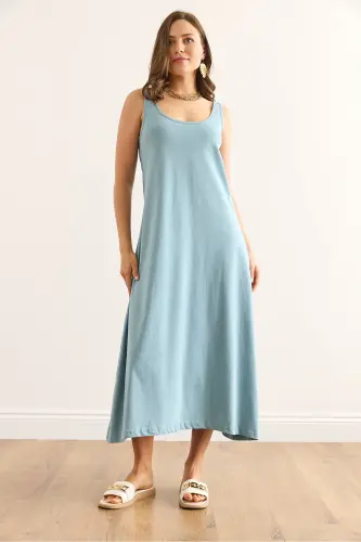 Women's Mint Green Spaghetti Strap Midi Cotton Flare Dress ELB - 5