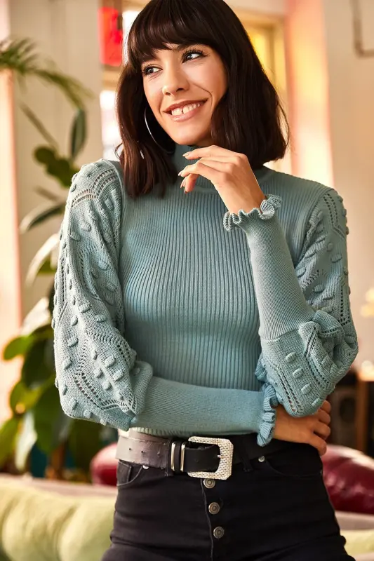Women's Mint Green Stand-up Collar Ribbed Knitwear Sweater with Sleeve Detail KZK-19000383-Mint Green - OLALOOK