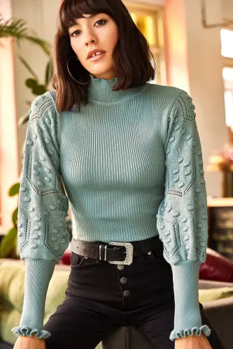 Women's Mint Green Stand-up Collar Ribbed Knitwear Sweater with Sleeve Detail KZK-19000383-Mint Green - 3