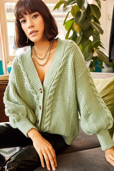 Women's Mint Green Thick Hair Braided Knit Cardigan HRK-19000082 - OLALOOK
