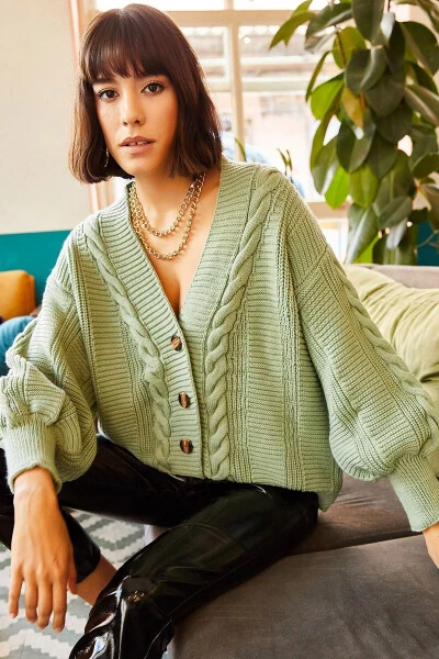 Women's Mint Green Thick Hair Braided Knit Cardigan HRK-19000082 - OLALOOK (1)