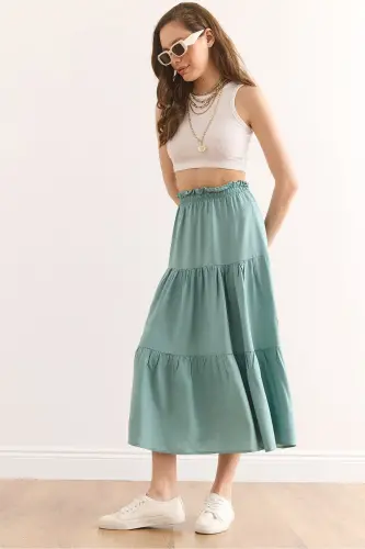Women's Mint Green Tiered Ruffle Midi Woven Skirt 