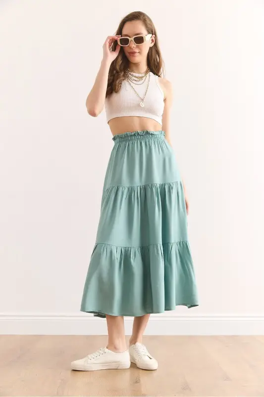 Women's Mint Green Tiered Ruffle Midi Woven Skirt - 2
