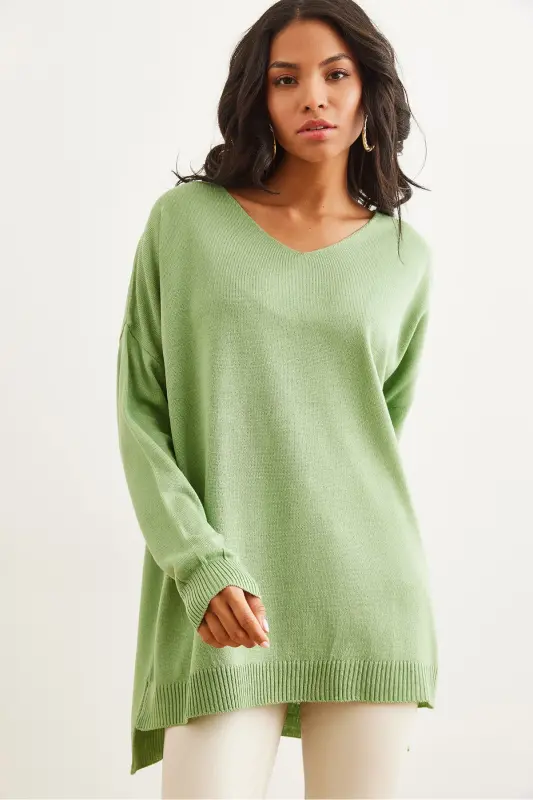 Women's Mint Green V-Neck Side Slit Basic Knit Sweater KZK-19000868-Mint Green - 1
