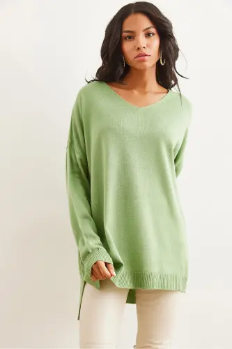 Women's Mint Green V-Neck Side Slit Basic Knit Sweater KZK-19000868-Mint Green - 3