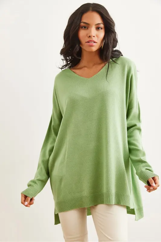 Women's Mint Green V-Neck Side Slit Basic Knit Sweater KZK-19000868-Mint Green - 5