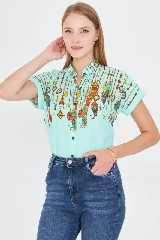 Women's Mint Mandarin Collar Short Sleeve Shirt ARM-25Y001040-Mint - 1