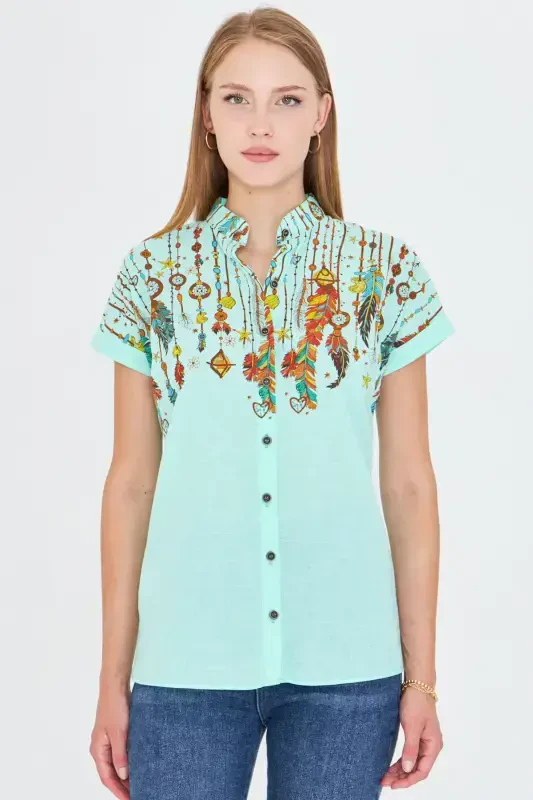 Women's Mint Mandarin Collar Short Sleeve Shirt ARM-25Y001040-Mint - 2