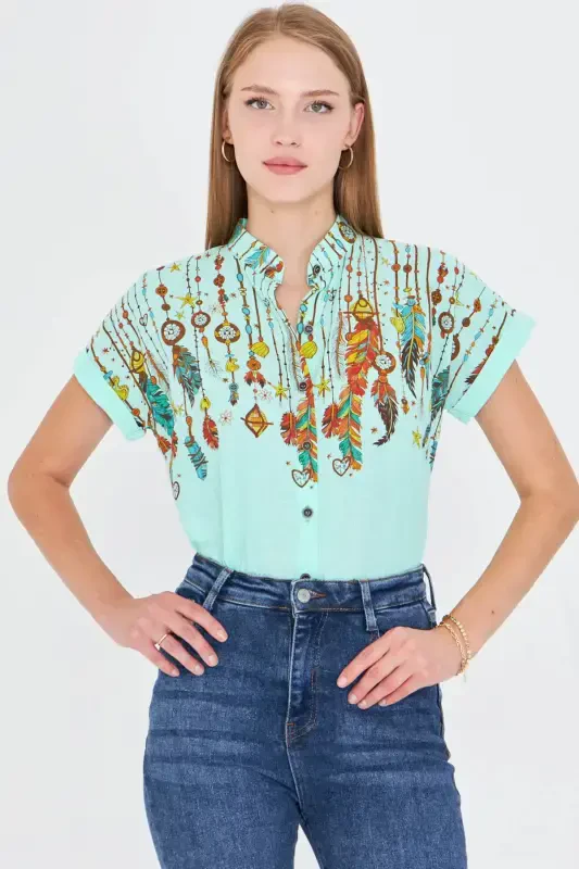 Women's Mint Mandarin Collar Short Sleeve Shirt ARM-25Y001040-Mint - 3