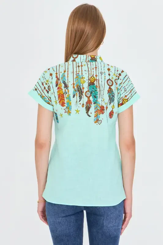 Women's Mint Mandarin Collar Short Sleeve Shirt ARM-25Y001040-Mint - 5