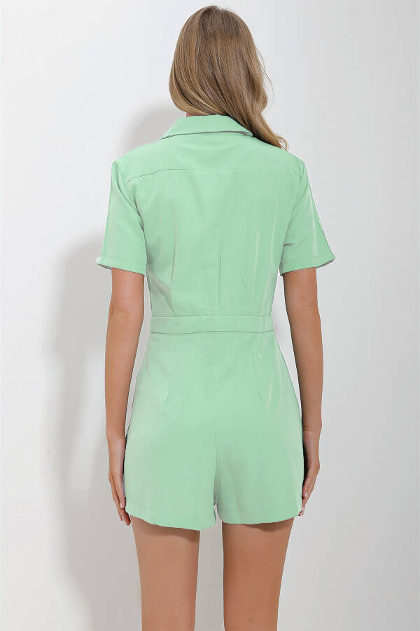 Women's Mint Shirt Collar Double Pocket Shorts Jumpsuit ALC-X11611 - 2