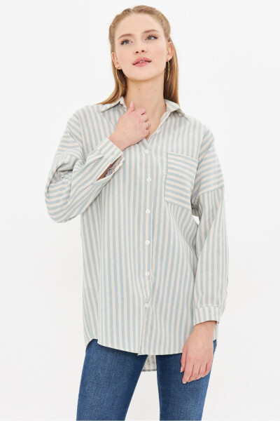 Women's Mint Striped Long Sleeve Pocket Detailed Pleated Ove - ARMONIKA