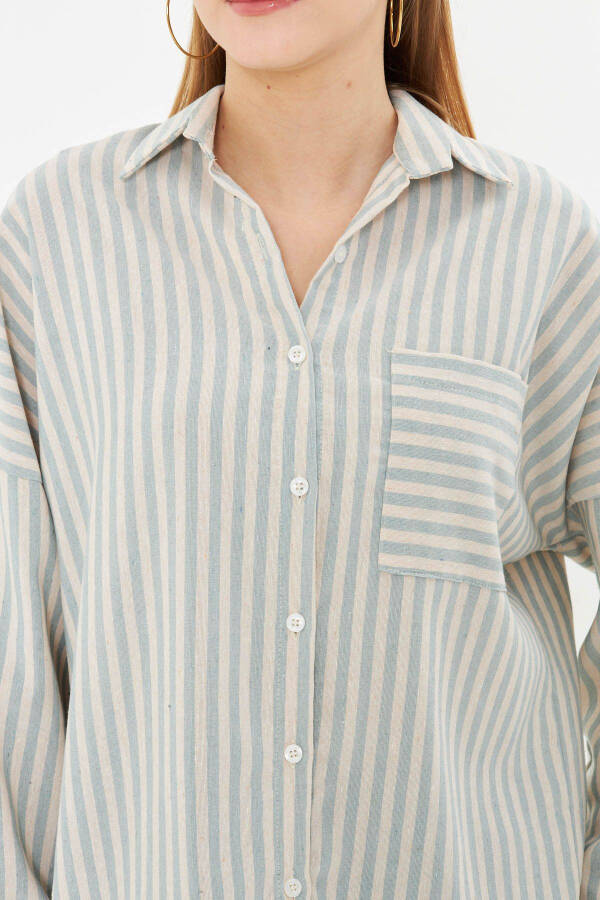 Women's Mint Striped Long Sleeve Pocket Detailed Pleated Ove - 2